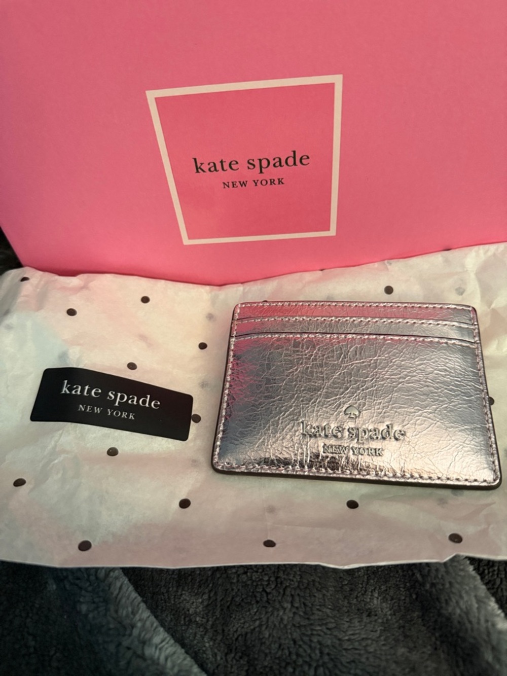 kate spade rose/silver metallic leather card case *nwt